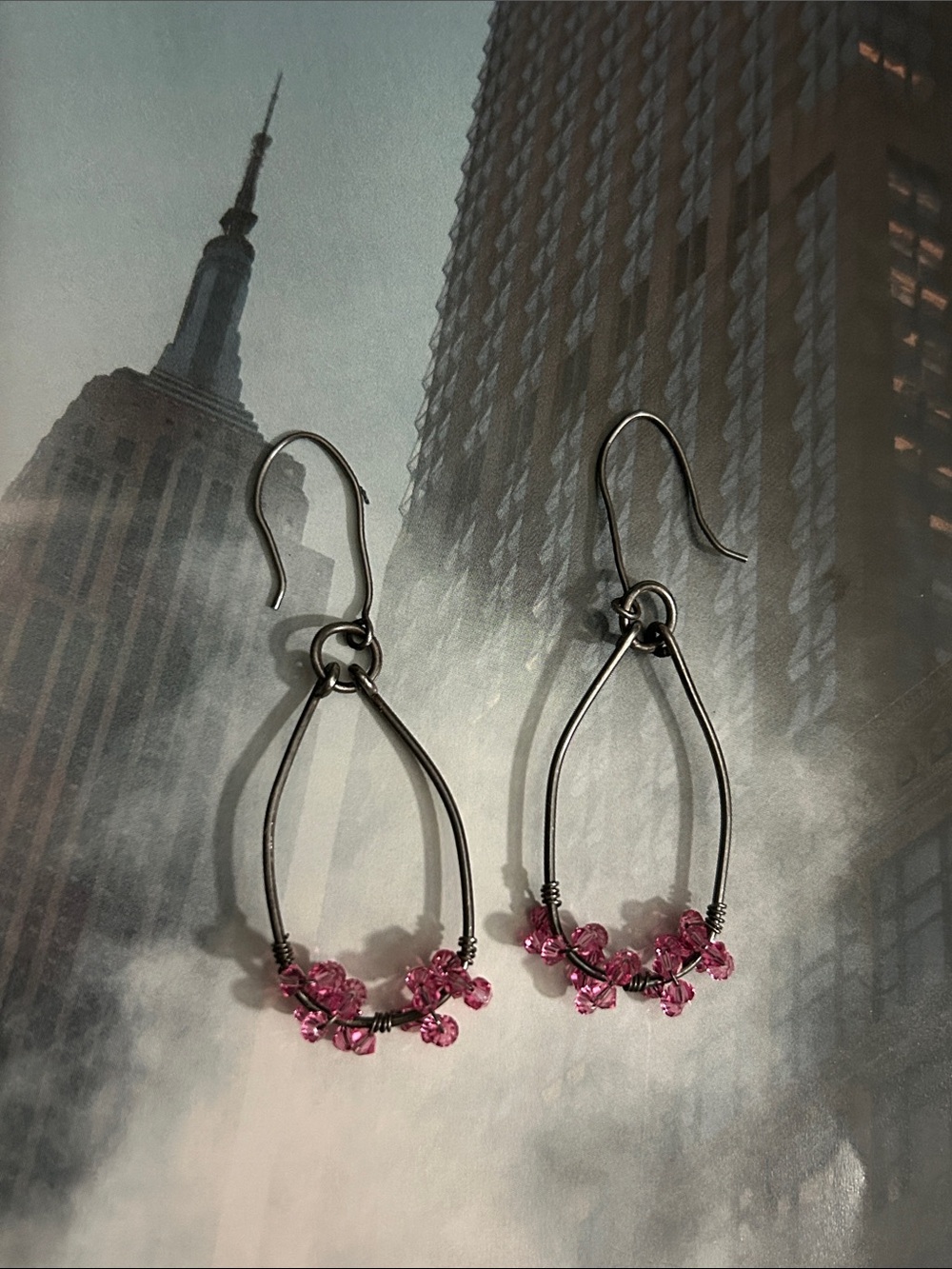 Pink Swarovski Rhinestones Sterling Wire Teardrop Earrings